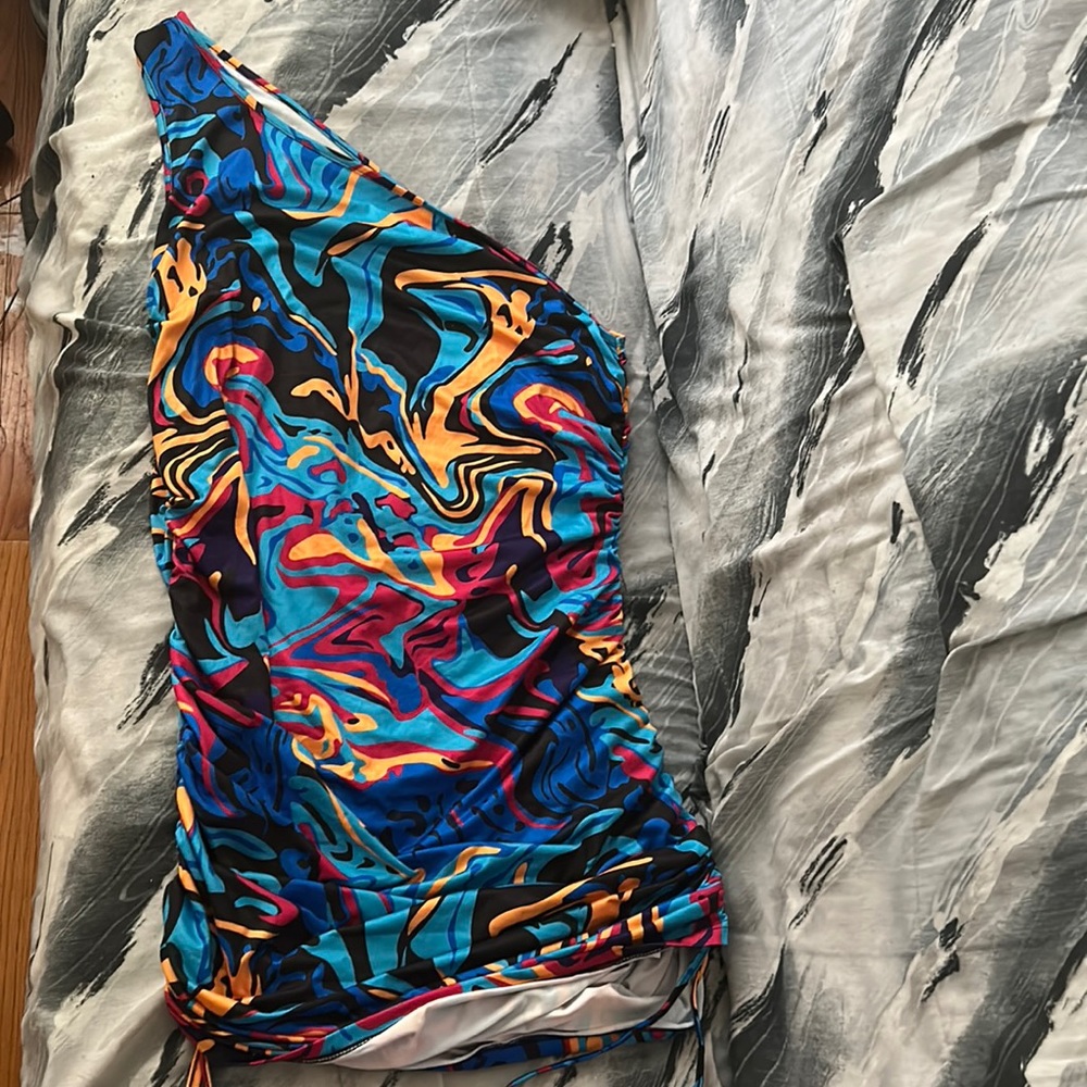 SHEIN EZwear Plus Allover Print One Shoulder Drawstring Side Dress